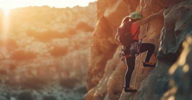 Woman solo rock climbing