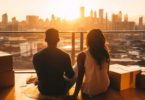 Couple moving starring city skyline