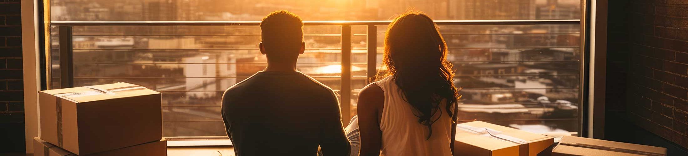 Couple moving starring city skyline