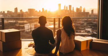 Couple moving starring city skyline