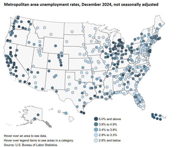 Metropolitan area unemployment rates, December 2024